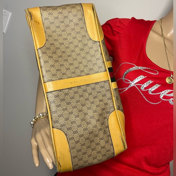 Gucci Vintage Micro GG Sherry Line Boston Bag - Rare Mustard Trim- Crest Charm- - Picture 6 of 15